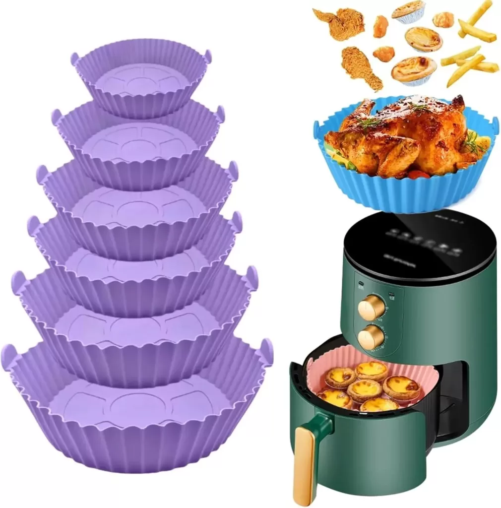 Kit Com 6 Formas de Silicone Reutilizável Cesta Redonda de Silicone Para Air Fryer, Forno, Microondas, Geladeira