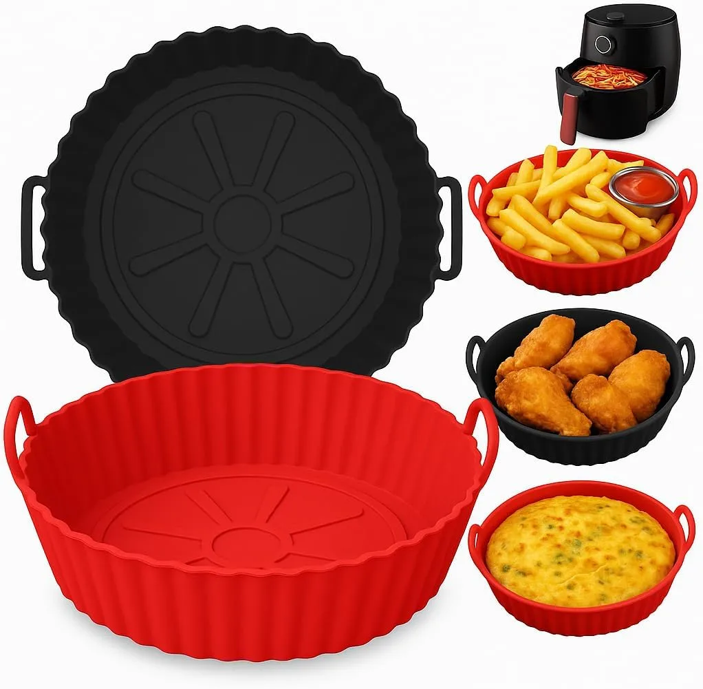 Kit com 2 Formas de Silicone com Alças para Air Fryer – Reutilizável, Antiaderente, Resistente ao Calor, Ideal para Pizza, Frango e Batatas – 20cm. Prática e versátil, vai no forno e micro-ondas.